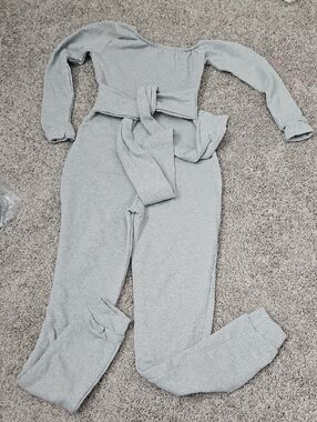 PrettyLittleThing Light Gray Long-Sleeve Jumpsuit with Waist Tie